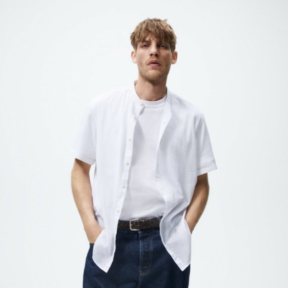 Zara Other - Zara Men's Cotton Slim Fit Collarless Short Sleeve Button Down